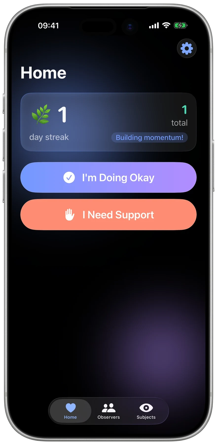 LifeSignal's daily check-in screen, with the day streak and the two check-in buttons