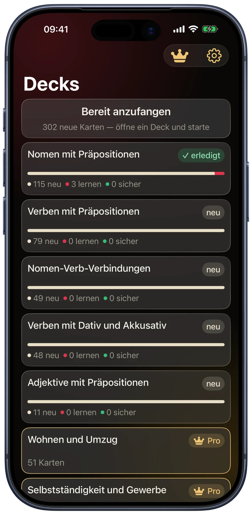 Die Deck-Liste von Wortschatzi, eine Zeile pro Kursthema, mit der Zahl der Karten, die zur Wiederholung anstehen