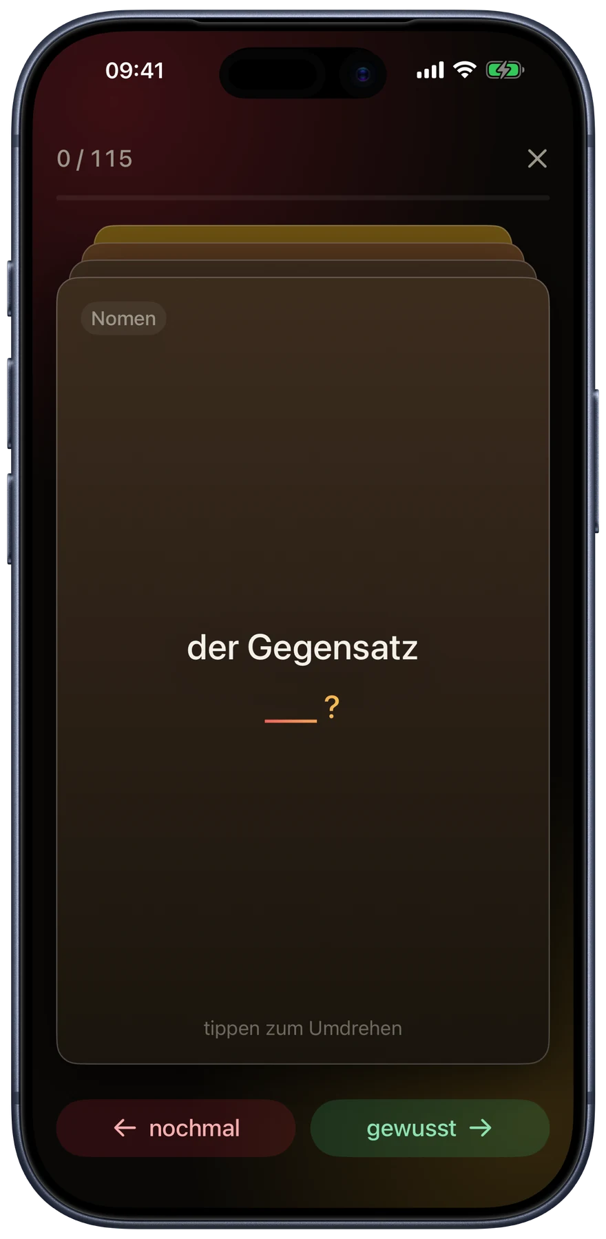 Eine Wortschatzi-Lernkarte während der Wiederholung